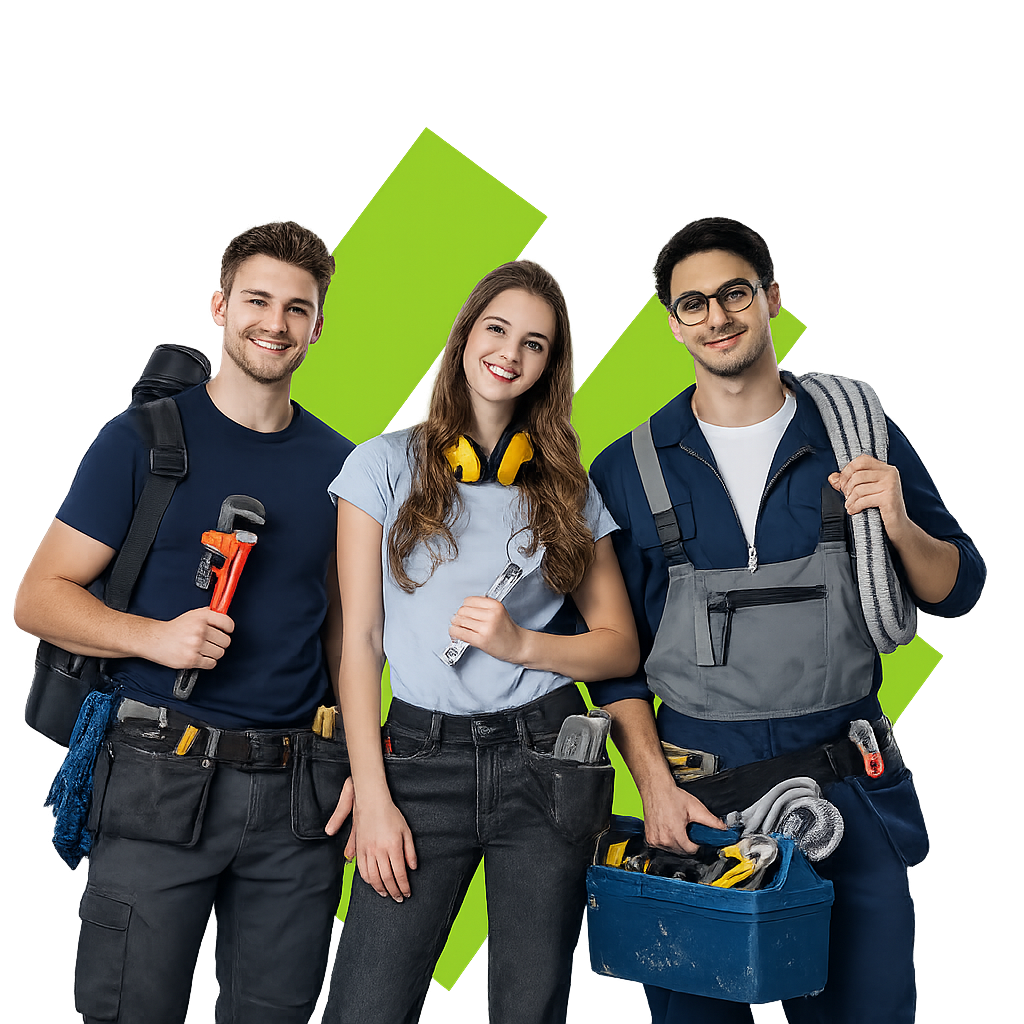 Smiling trainee plumbers with tools